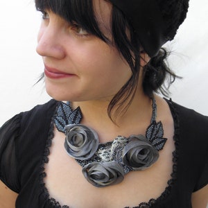 A Statement Choker of a Garden of Gray Fabric Flowers Embroidered and Embellished with Glass Seed Bead Leaves The Perfect Gift for Her