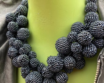 Black & Gray Beaded Statement Necklace: Eco-Friendly Glass, Adjustable