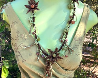 One of a Kind Long Woodland Theme Statement Necklace Handcrafted in Unique Glass Beads, Nature lover gift