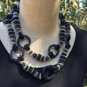 Victorian Chatelaine Necklace: Handcrafted Black & Silver Glass Bead Chain