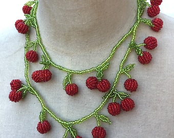 Vintage Red Berry Necklace: Long Glass Seed Bead Boho Vine