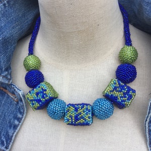 Modern Geometric Statement Necklace Handcrafted in Eco-Friendly Glass Seed Beads using Peyote Stitch over Handcarved Wooden Beads image 5