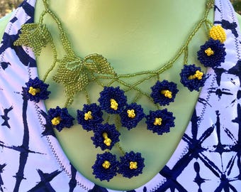 Blue Beaded Floral Statement Necklace and Bracelet Set