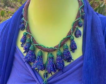 Rainbow Blue Beaded Flower Necklace: Handcrafted Glass Seed Bead Choker