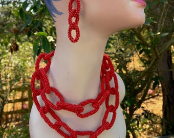 Chain Link Handcrafted Statement Earrings made with Eco-Friendly Glass Seed Beads