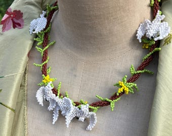 Beaded Peace Doves Necklace with Yellow Flowers – Glass Bead Vine Jewelry
