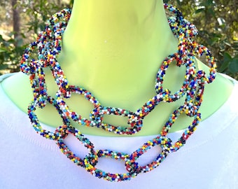 Chain Links Statement Necklace Wear Long or Doubled Handcrafted in Glass Beads