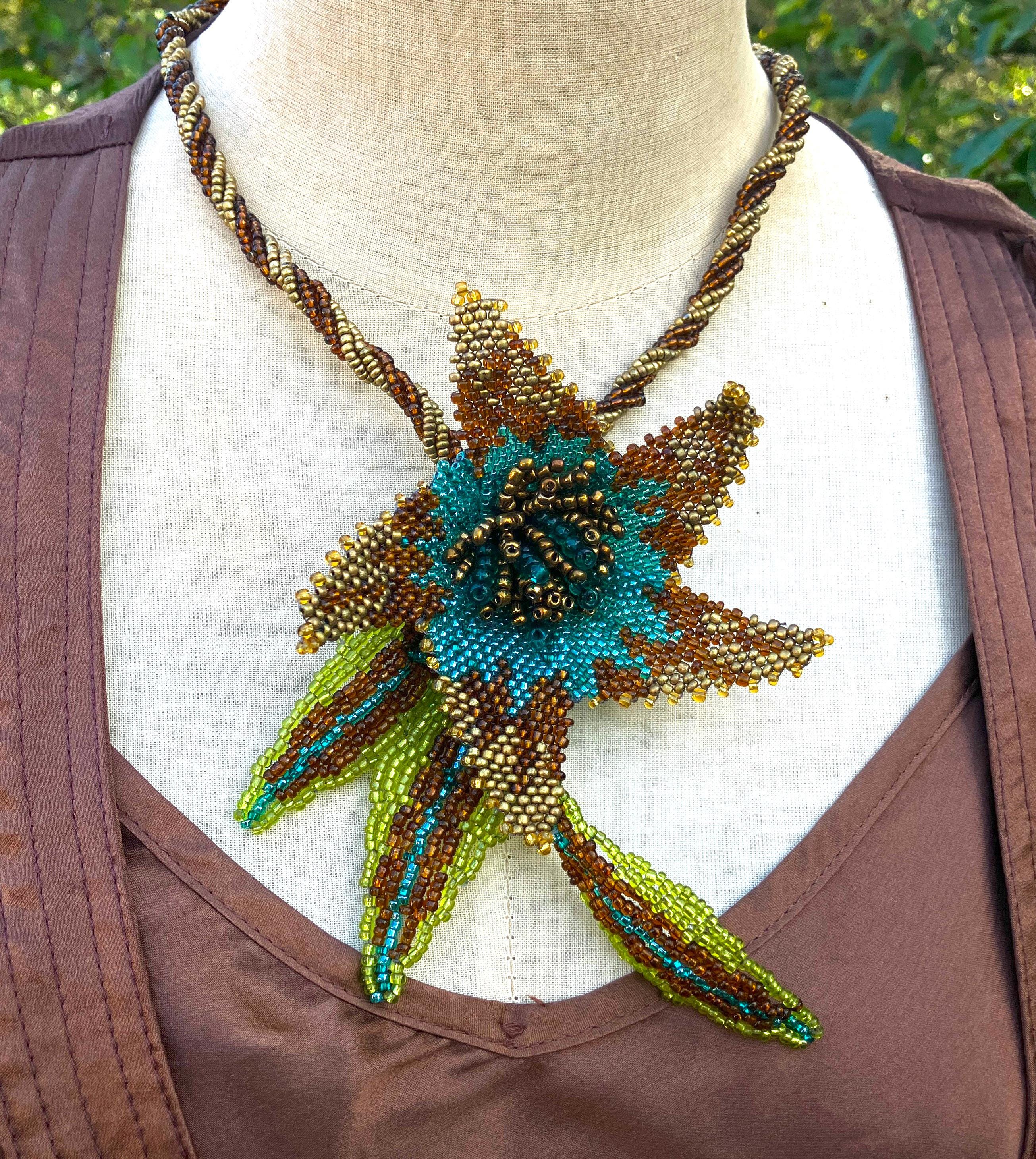 Handcrafted Lily Flower Necklace: Copper Teal Glass Beaded Pendant