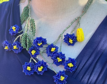Blue Beaded Blossoms Statement Necklace and Bracelet Set
