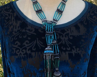 Beaded Boho Turquoise Lariat Statement Necklace with Long Fringe Handcrafted in Unique Glass Tube Beads