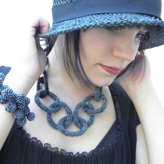 Handcrafted Chunky Chain Necklace: Grey & Black Seed Beads Statement Jewelry