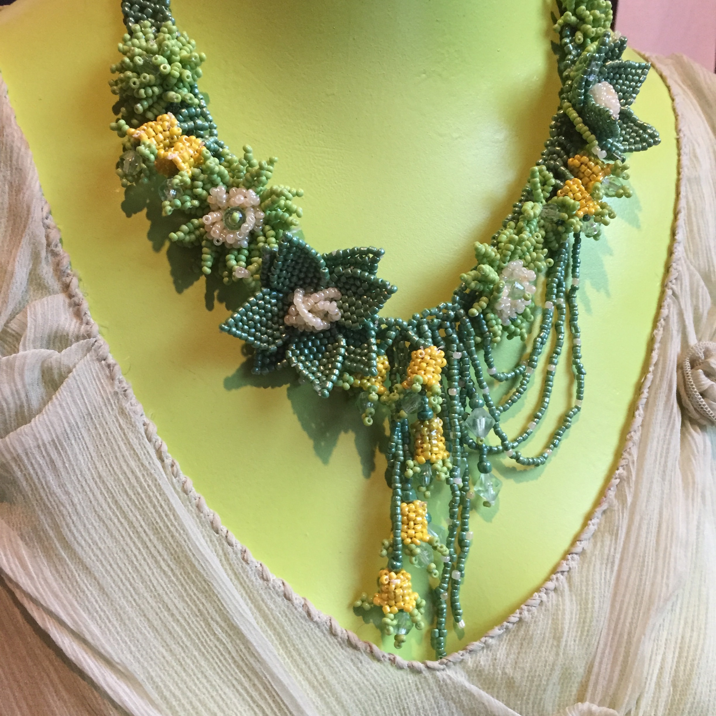 A Poetic Tiffany Inspired Love Letter in This Glass Seed Bead Necklace each Peyote Stitch or Braided  Element A Symbol of Nature's Bounty