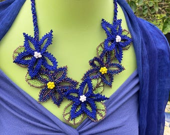 Blue Flowers Wedding Statement Necklace Handcrafted in Glass Seed Beads