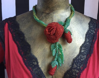 Red Damask Rose Bead Necklace: Fairy-Tale Floral Jewelry