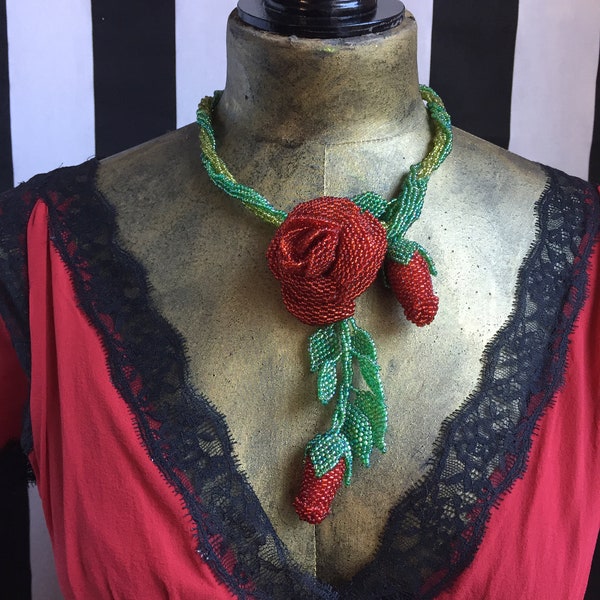 A Fairy-Tale Shimmering Red Damask Rose Bead Necklace Symbolic in the Poetry of Flowers for I Love You and the Trailing Rosebud for Beauty.
