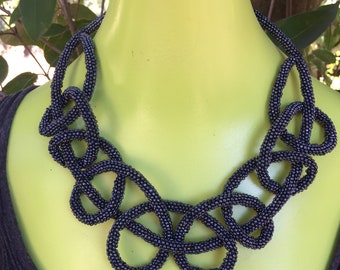 Bold Steel Gray Interlocking Sailors Knots Create a Classic Statement Necklace Crafted in Peyote Stitch a Unique Collar in Glass Beads