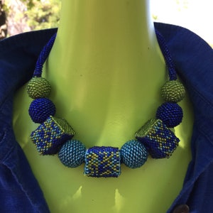 Modern Geometric Statement Necklace Handcrafted in Eco-Friendly Glass Seed Beads using Peyote Stitch over Handcarved Wooden Beads image 4