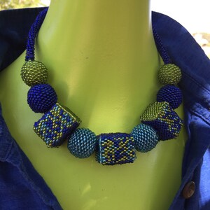 Modern Geometric Statement Necklace Handcrafted in Eco-Friendly Glass Seed Beads using Peyote Stitch over Handcarved Wooden Beads image 7