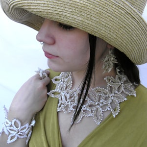 Victorian Battenberg Lace Glass Bead Collar Necklace In Unique Handmade Sand Colored Seed Beads Elegant Soft Bib Like Fit for A Statement