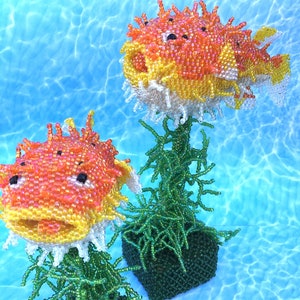 Tropical Puffer Fish Sculpture Handcrafted from Glass Seed Beads on a Pedestal base of Seaweed Twined Beads Perfect Gift for Ocean  Lover