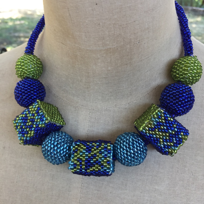 Modern Geometric Statement Necklace Handcrafted in Eco-Friendly Glass Seed Beads using Peyote Stitch over Handcarved Wooden Beads image 1