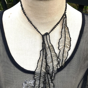Glass Tube Bead Lariat Necklace: French Wire Leaf Design