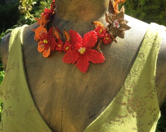 Red Orange & Bronze Floral Garden BoHo Statement Necklace made entirely from Glass Seed Beads Woven and Braided by Artisan Hands