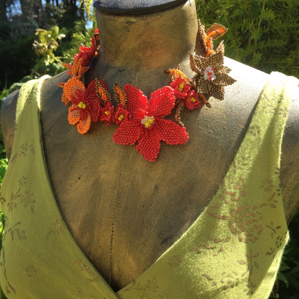 Red Orange & Bronze Floral Garden BoHo Statement Necklace made entirely from Glass Seed Beads Woven and Braided by Artisan Hands