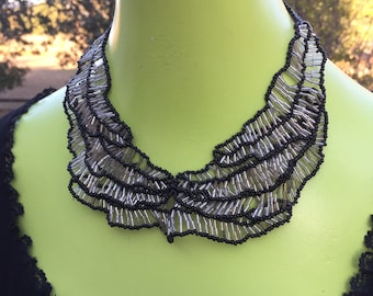 Silver Beaded Leaves Statement Collar Layered Winter Frost Holiday Leaf Necklace A Dramatic Classic Gift for Her Crafted in Glass Tube Beads