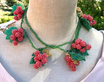 Beaded Raspberry Vine Statement Necklace Long or Layered