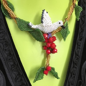 Paloma Peace Dove Statement Necklace with Vibrant Faceted Red Glass Bead Accents Handcrafted with  Naturalistic Twining Leaves & Vines