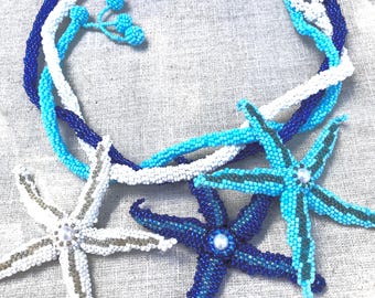 Beaded Starfish Symbol Statement Necklace Handcrafted with Glass Seed Beads