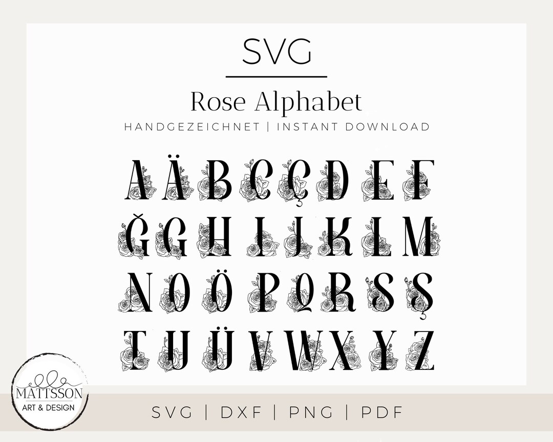 Rose Alphabet SVG Letters With Roses for Wedding Cards Turkish Letters ...