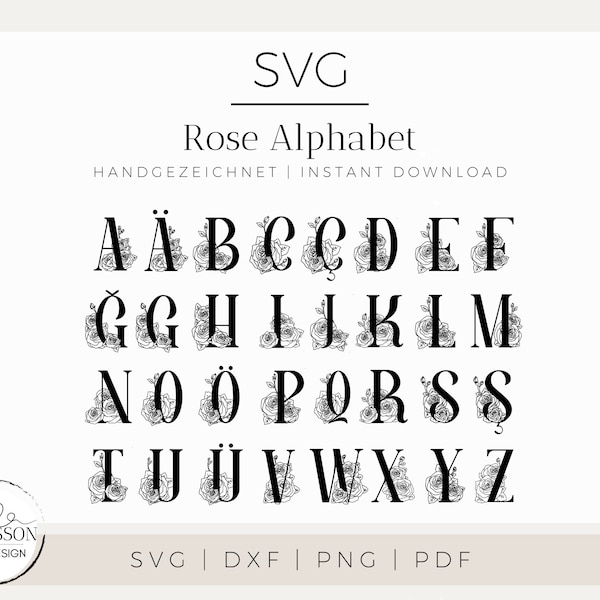 Rose Alphabet SVG - Buchstaben mit Rosen für Hochzeitskarten + türkische Buchstaben für Plotter | png svg pdf dxf