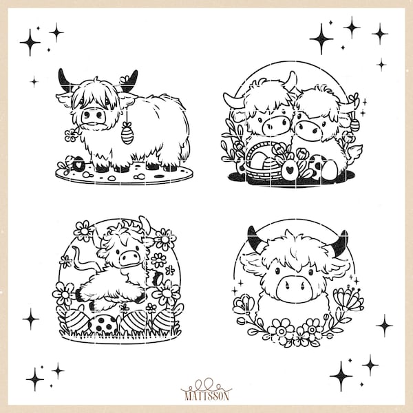 SVG Plotterdatei  Bundle "Kuhle Ostern" süße Hochland Rind - Highland cattle Motive - Zum Plotten und Basteln von Geschenken - Ella Mattsson