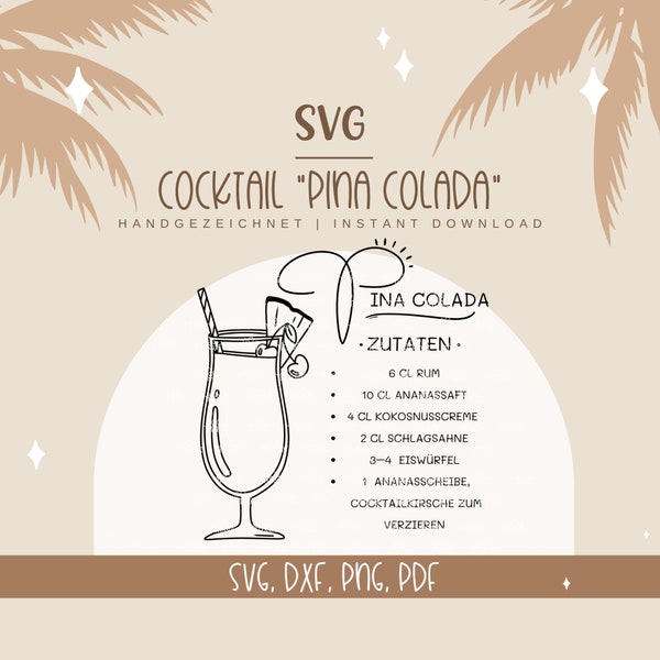 SVG - "Pina Colada + Recipe" - Cocktail plotter file for plotting and crafting - compatible with Cricut, Silhouette, Brother Plotter, etc.