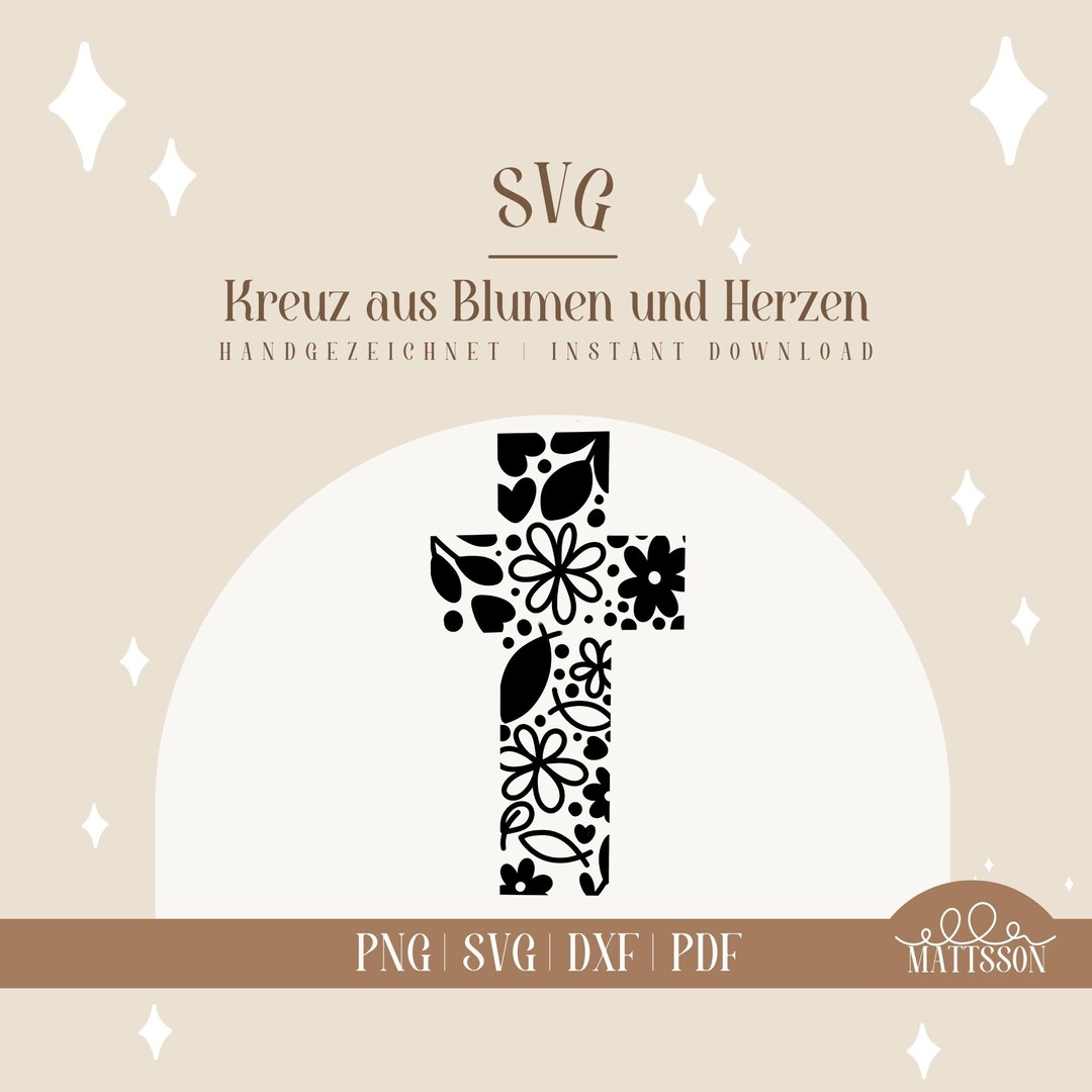 SVG "Kreuz mit Blumen und Herzen" christliches Kreuz für Taufe