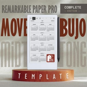 May include: A white digital tablet with a calendar display and a black stylus, presented on a wooden stand. The text "Remarkable Paper Pro" and "Complete Edition" are visible. The word "Template" is on the stand.