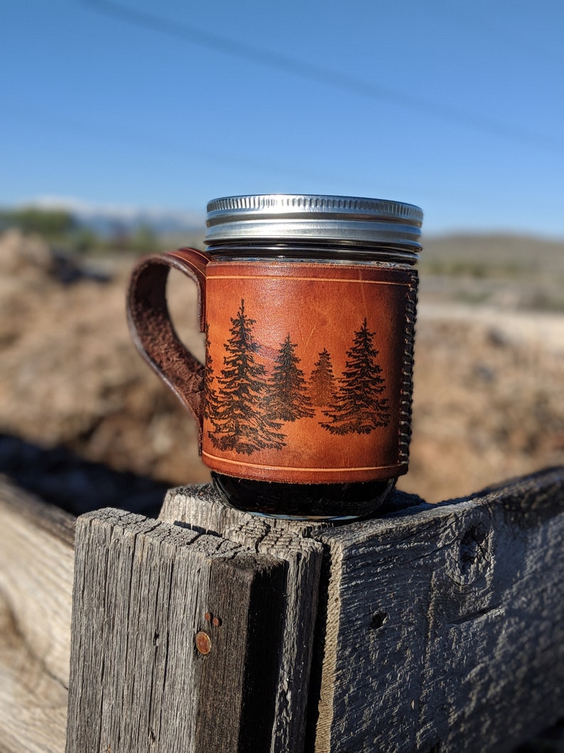 Handcrafted Leather Coffee Mug-coffee mug-Mason Jar holder-Leather gift-Travel Mug-Mason Jar-Leather Cup-Handmade-Nevada image 3