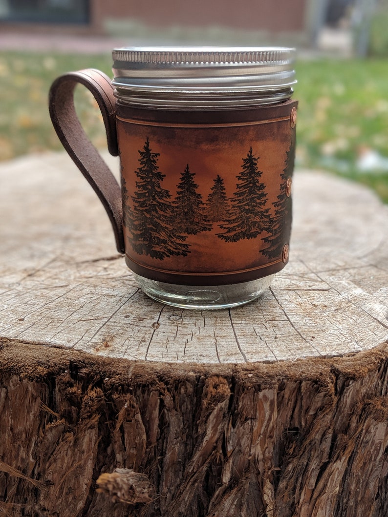Handcrafted Leather Coffee Mug-coffee mug-Mason Jar holder-Leather gift-Travel Mug-Mason Jar-Leather Cup-Handmade-Nevada image 1