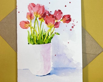 Original Hand painted flowers Tulips, Note cards, Thank you cards, Greeting Cards, Watercolor Cards, folded blank cards, Stationary