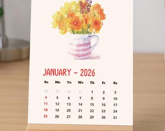 Printable 5x7 inch 2026 Watercolor FlowersMonthly Desk Calendar
