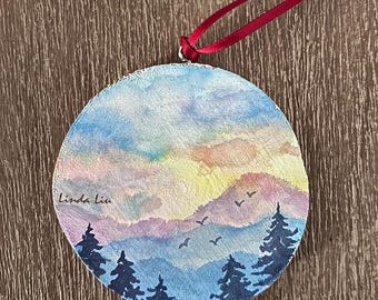 Custom Hand painted Wood Slice Ornament or Wall Hanging,Landscape Watercolor, Small Gift
