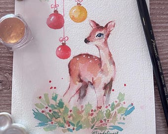 Original Floral Watercolor Painting Christmas card, 5x7 Art (Not Print)