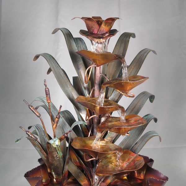 Copper Water Fountain Cattail Table Top Fluted Base