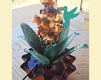 Copper Water Fountain Agave Cactus Design w Hummingbird, fountain is 14" wide by 18" tall, handmade by Roberto since 2008, Tucson, Arizona