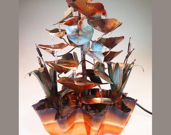 Hand Made Copper Water Fountain, Raintree design, Table Top with Fluted Base by Roberto