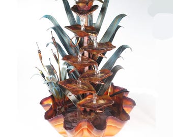 Hand Made Copper Water Fountain, Cattail design, Table Top with Fluted Base, by Roberto