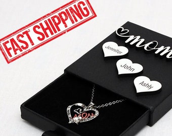 Personalized Mother's Day Necklace: Engraved Jewelry Box, Rhinestone Heart Pendant