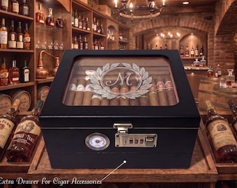 Personalized Cigar Humidor, Cedar Wood Cigar Box, Glass Top Desktop Humidor with Front Hygrometer, Laser Glass Engraved, Valentine's Gift